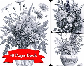 Flower Bouquet Coloring Page Collection for Adults and Kids: Instant Download, Grayscale Printable PDF, Blooms and Flowers Coloring Pages.