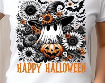 Happy Halloween png, spookachtig seizoen png, spook png, pompoenen png, spook bloemen png, Halloween shirtontwerp, sublimatieontwerp