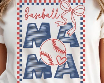 Retro Baseball Mama Checkered Bow Png, Baseball Mom Png, Sports Mom Png, Baseball Mama Life Png, Sublimation Design