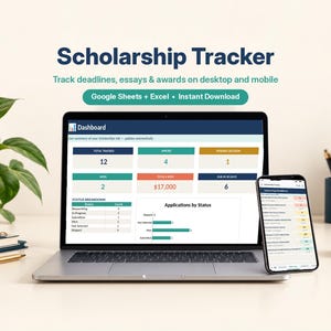 May include: A digital scholarship tracker displayed on a laptop screen and a smartphone. The interface shows a dashboard with data tables, charts, and the text Scholarship Tracker, Track deadlines, essays & awards on desktop and mobile.