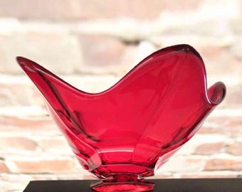 Oval Ruby Red footed Bowl, ruffled rim, 11".