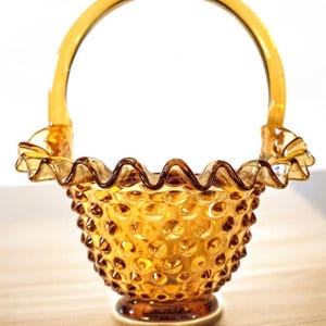 Fenton Hobnail Amber Ruffled Rim Basket, 1970&#39;s