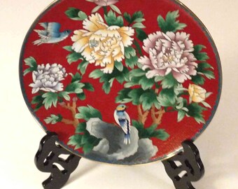 Chinese Republic Birds on Blossoms, 10 inch CLOISONNE enamel plate with display stand and storage box