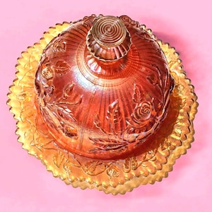 Imperial Glass Luster Rose domed butter dish, iridescent carnival glass