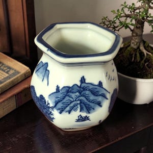 May include: A white ceramic planter with a blue mountain landscape design. The planter has a hexagonal shape with a blue rim. The landscape features mountains, trees, and small buildings. A bonsai tree is in the background.