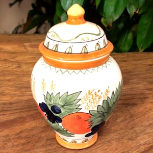 Biscotti Jar,  Fruit motif, Hand painted, 10 inches tall, X 7 inches wide.
