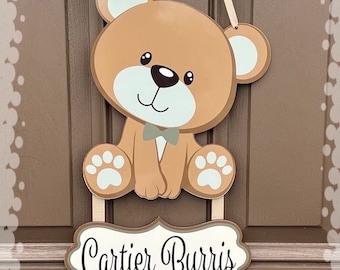 Teddy bear baby boy door hanger , hospital door hanger, personalized baby girl name, newborn announcement