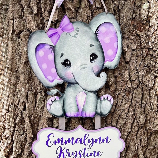 Elephant baby girl door hanger, personalized baby name, newborn announcement