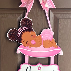 African American baby girl pink outfit  door hanger, hospital door hanger, personalized baby girl name, newborn announcement