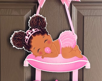 African American baby girl pink outfit  door hanger, hospital door hanger, personalized baby girl name, newborn announcement