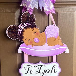 Baby girl African American purple outfit  door hanger , hospital door hanger, personalized baby girl name, newborn announcement