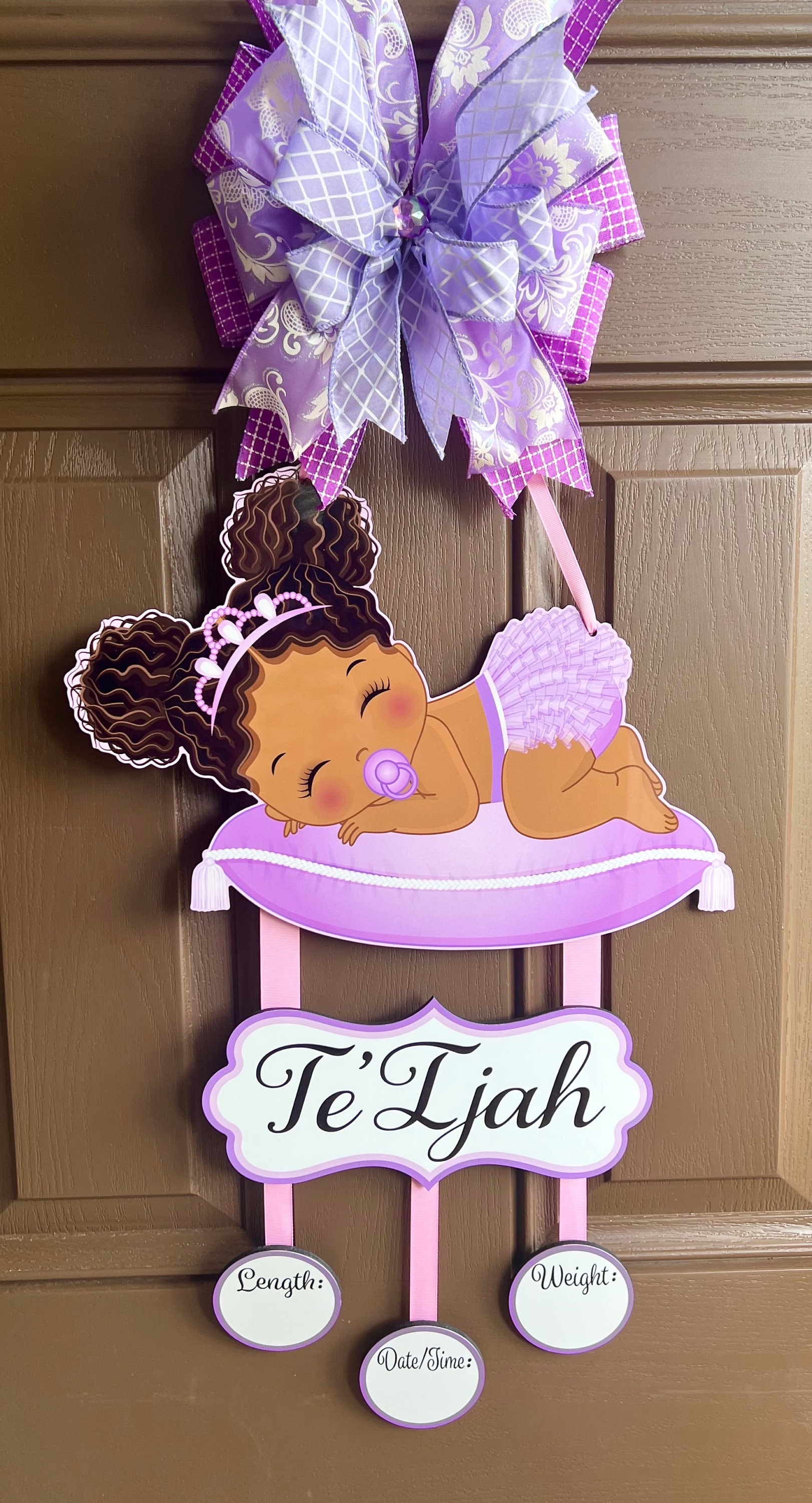Baby girl African American purple outfit  door hanger , hospital door hanger, personalized baby girl name, newborn announcement