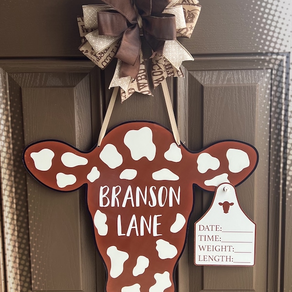 Cow head baby boy door hanger, personalized baby name, newborn announcement