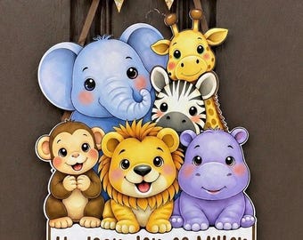 Safari theme hospital door hanger , personalized baby name, newborn announcement, name sign.