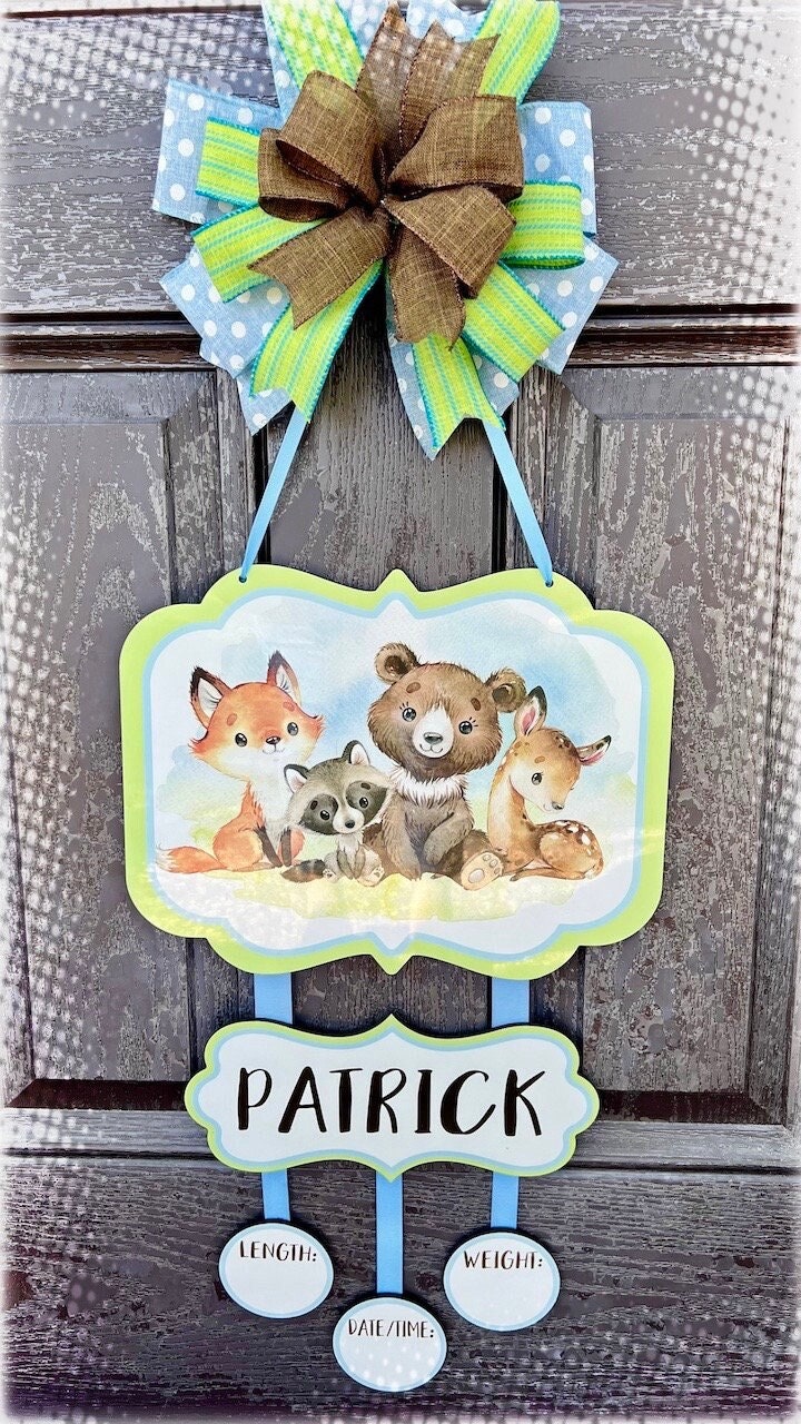 Woodland animals baby boy  door hanger, hospital door hanger, personalized baby boy name, newborn announcement