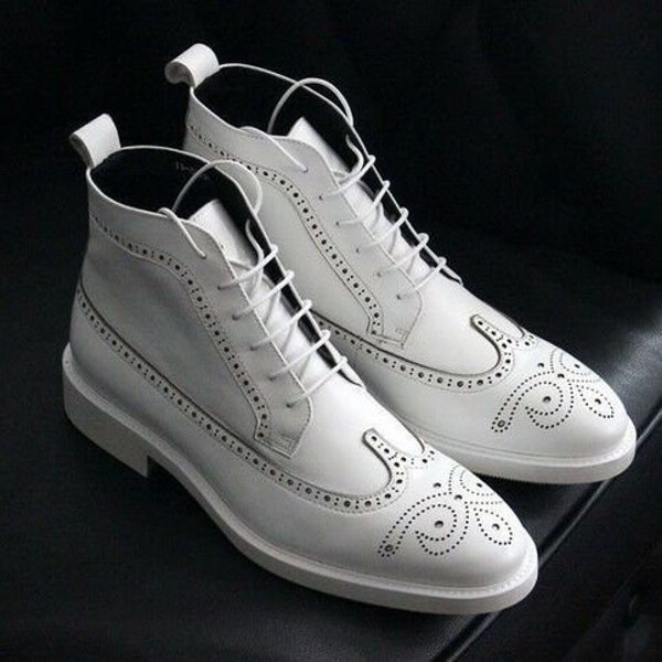 Men's genuine white leather Ankle high long brogue wingtip boots white leather spectator boots