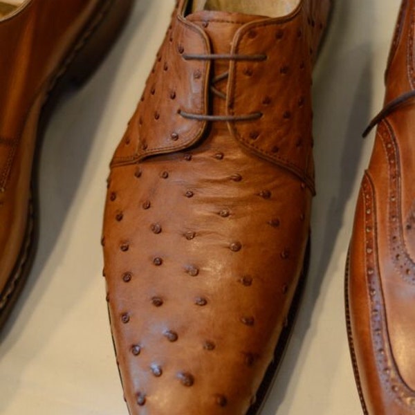 Men's handmade adorable genuine ostrich impression leather tan brown dress formal derby shoes