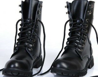 Men's genuine black leather Ankle high long boots handmade adorable military boots