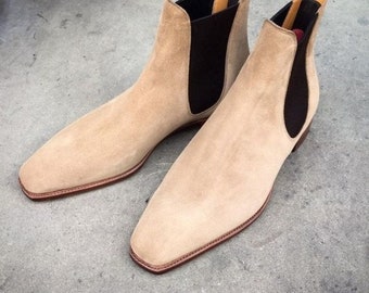 Men's genuine leather Ankle high beige suede Chelsea boots men's adorable suede long boots