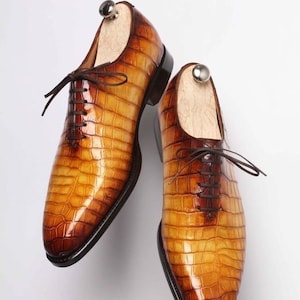 Men's Adorable Pure Leather Tan Brown Crocodile Impression Whole Cut ...