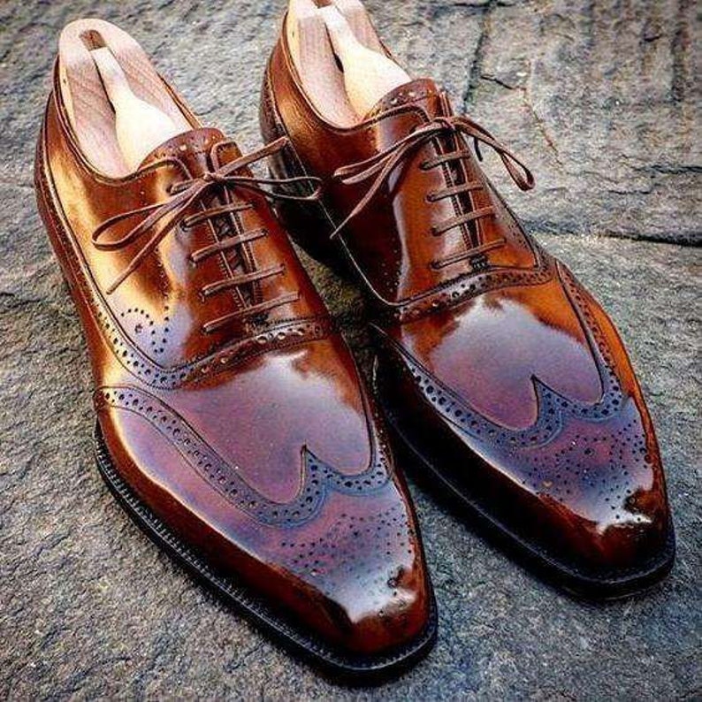 Men's Adorable Pure Brown Leather High Shine Wingtip Oxford Shoes ...