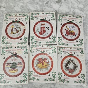 Christmas Framed Cross Stitch kits, Vintage Holiday craft, Kids Holiday Party, Winter Scene, craft lover gift, gift for crafter, Lot of 6