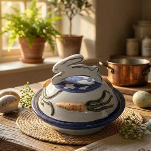 May include: A ceramic serving dish with a bunny-shaped handle and carrot and greenery details. The dish is white and blue and sits on a woven placemat. Easter eggs are nearby. A copper pot is in the background.
