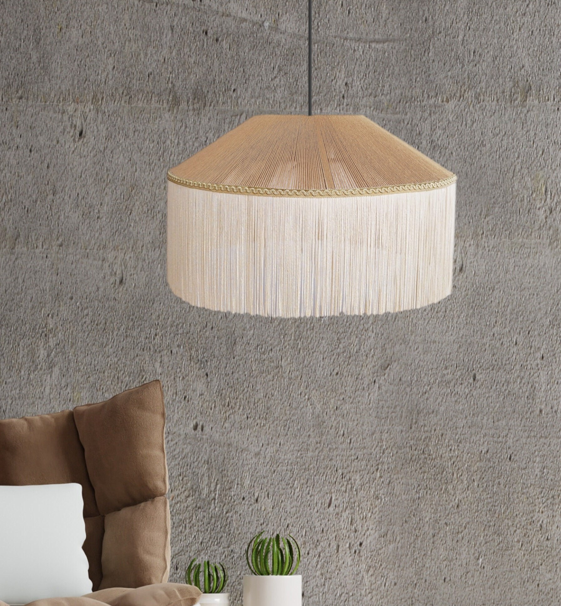 Boho Vintage Silk Fringe Pendant Lamp – Handcrafted Bamboo Woven Ceiling Light by ReallyNice Lamps