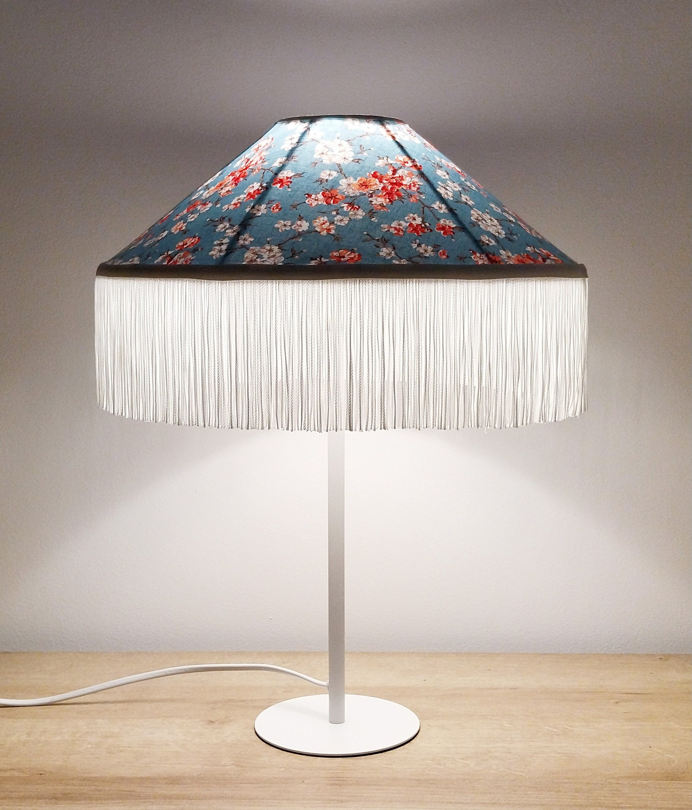 Modern Floral Fabric Table Lamp with Fringes. Exclusive Home Decor by Really Nice Lamps