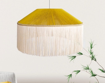 Boho Vintage Silk Fringe Pendant Lamp – Handcrafted Bamboo Woven Ceiling Light by ReallyNice Lamps