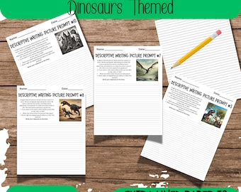 May include: A set of dinosaur-themed descriptive writing prompts on lined paper. The prompts include images and questions to inspire creative writing. A yellow pencil with a pink eraser rests on the paper. The text reads "10 Prompts" and "Extra Lined Paper to Print on Back."