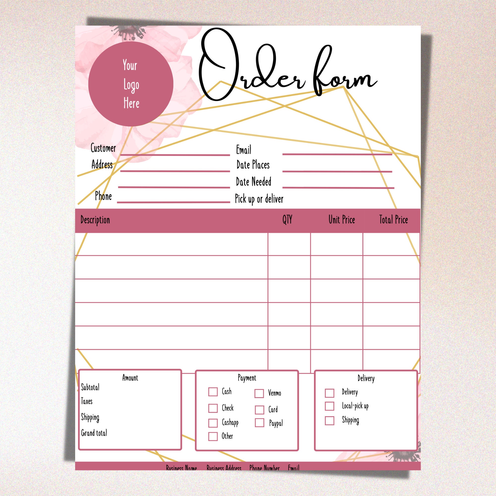 Editable Order Form Template Printable Small Business Order Form
