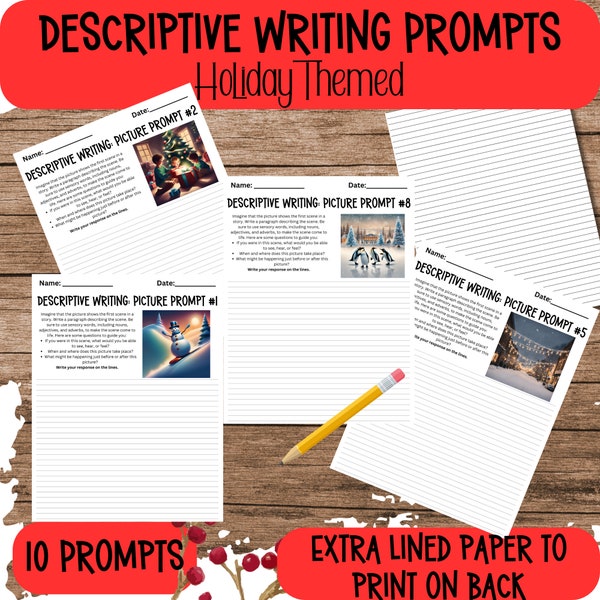10 Printable Descriptive Writing Prompts- Homeschool writing prompts-Holiday/Christmas writing- 5th-8th grade- creative writing worksheets