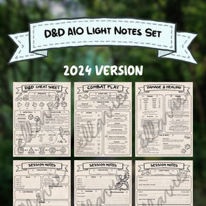 May include: A set of six printable D&D Light Notes sheets. The top banner reads "D&D AIO LIGHT NOTES SET 2024 VERSION." The sheets include "D&D Cheat Sheet," "Combat Play," "Damage & Healing," and "Session Notes" with space for character stats and encounters.