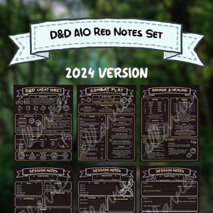 May include: A set of six black D&D (Dungeons & Dragons) notes sheets with white text and illustrations. The top banner reads "D&D AIO Red Notes Set 2024 Version." The sheets cover topics like "D&D Cheat Sheet," "Combat Play," and "Damage & Healing."