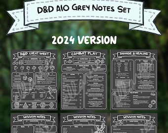 Hojas de trucos para principiantes de D&D 2024, notas de sesión y registro de combate (gris)