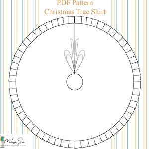 May include: A black and white line drawing of a circular Christmas tree skirt pattern. The design features a central circular cutout, a decorative leaf-like motif, and a segmented border. The text reads PDF Pattern Christmas Tree Skirt.