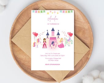 May include: A pink and white birthday invitation with a cartoon castle, unicorns, and princesses. The invitation says "Amelia is turning 6!" and includes details for the party, including the date, time, location, and RSVP information.