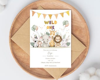 Safari Theme Birthday Invitation, Children's Party Invitation, Jungle Animal themed Birthday, Fully Editable, Instant Download Invitation