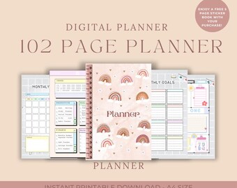 May include: A digital planner with 102 pages featuring a pink and brown rainbow design. The planner includes sections for monthly, weekly, and daily planning, as well as goal setting and productivity tracking. The planner is available as an instant printable download in A4 size.
