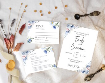 May include: Wedding invitation suite with blue and white floral designs. The invitation card reads "Join us as we celebrate the wedding of Emily & Cameron" with the date and time of the wedding. The RSVP card has a floral design and the text "RSVP by 15th April 2026".