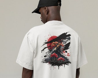 T-Shirt mit Rückendruck - Japanischer Vulkan und Ahornbäume - Unisex Streetwear Tee
