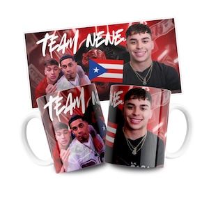 May include: White ceramic coffee mugs and a rectangular sticker featuring the text "TEAM NENE" in red and white. The mugs and sticker display images of three men and the Puerto Rican flag.