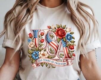 USA 250 Years Freedom T-Shirt | Patriotic Floral American Flag Tee