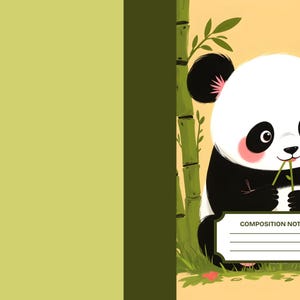 Puede incluir: Un cuaderno de composición con una cubierta izquierda de color verde claro y un lomo verde oscuro. La cubierta derecha muestra un panda blanco y negro comiendo bambú, rodeado de plantas de bambú verdes sobre un fondo naranja claro.