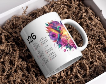 2026 Calendar Mug Wrap • Hummingbird & Flowers Sublimation Design • Colorful Floral Mug • Printable Digital Download