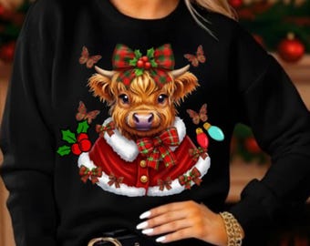 Cute Christmas Highland Cows PNG Sublimation Bundle  Scottish Cow with Lights, Butterflies, and Bows