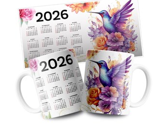 2026 Calendar Mug Wrap | Floral Animals Sublimation Design (Digital Download PNG)