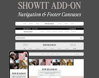 May include: A website mockup showing different navigation and footer designs for an online store. The designs include a black and white navigation bar with a logo, a white navigation bar with a logo, and a white footer with a logo and social media icons. The website also features a sign-up form for email subscribers.