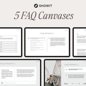 May include: Five different designs for frequently asked questions (FAQ) pages. Each design features a clean, modern layout with a white background and black text. The designs include a question and answer format, with options for adding additional questions and answers. The text "FAQ Design" is included in the title of each design.